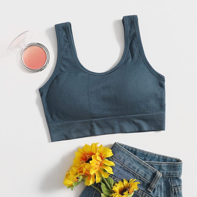 

Solid Ribbed Sports Bra, Teal blue