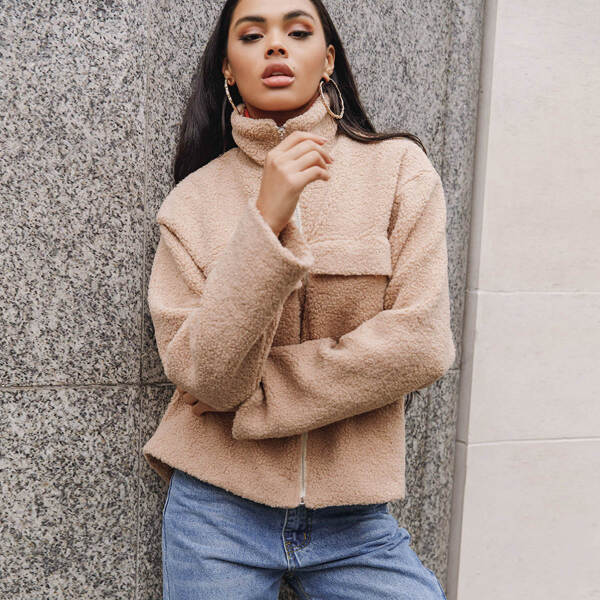 

Drop Shoulder Zip Up Teddy Jacket, Apricot