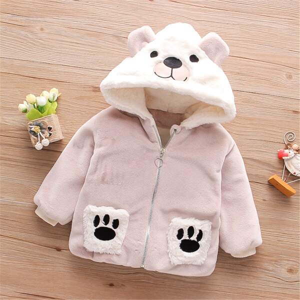 

Toddler Boys 3D Ears Cartoon Embroidery Hooded Flannel Coat, Dusty pink