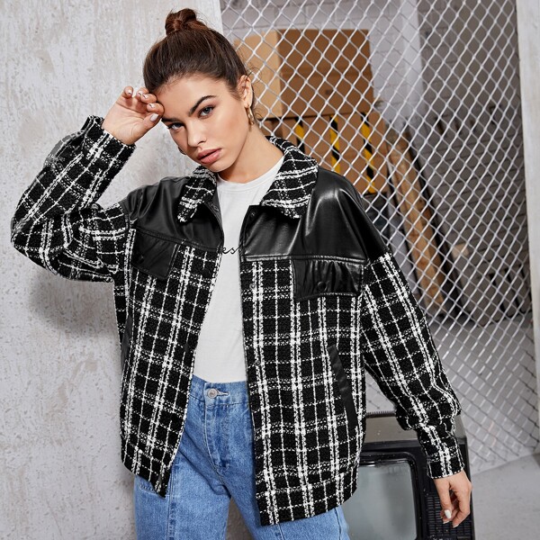 

Plaid Drop Shoulder Button Front Jacket, Black and white