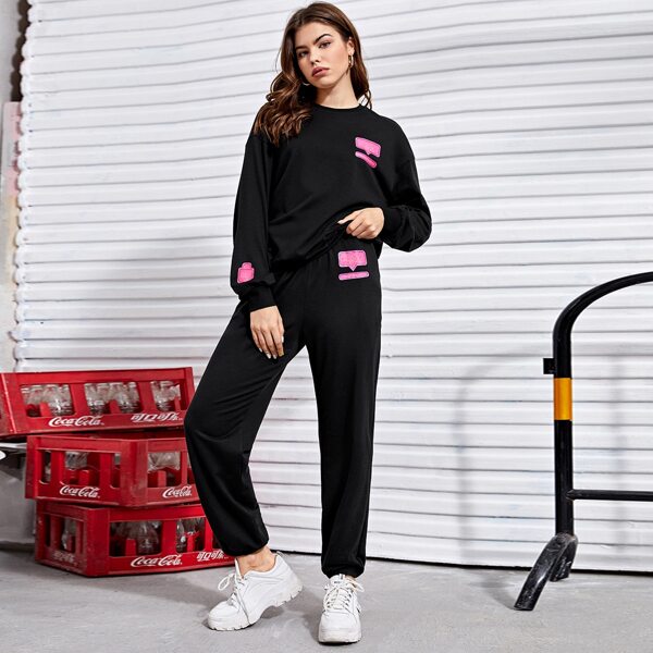 

Patched Detail Drop Shoulder Pullover & Sweatpants Set, Black