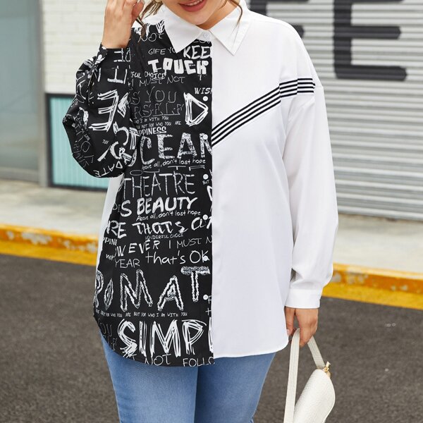 

Plus Letter Graphic Drop Shoulder Blouse, Black and white