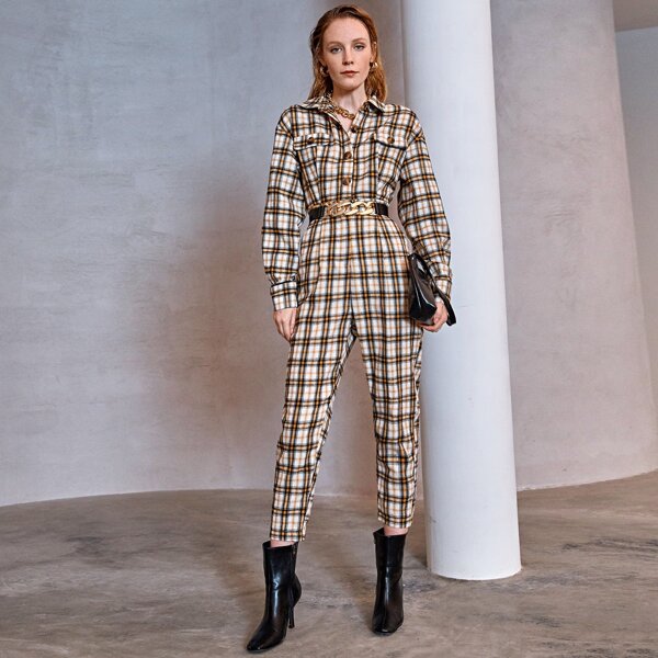 

Plaid Button Front Shirt Jumpsuit Without Belted, Multicolor