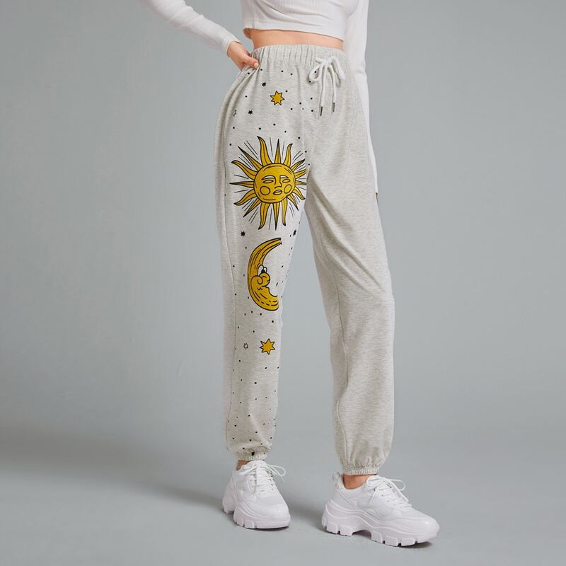 

Sun & Moon Graphic Tie Front Sweatpants, Light grey