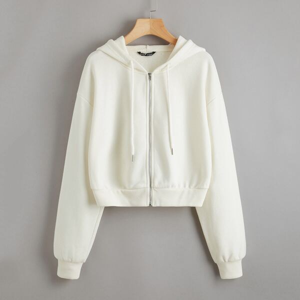 

Drop Shoulder Drawstring Hooded Zip Up Hoodie, Beige