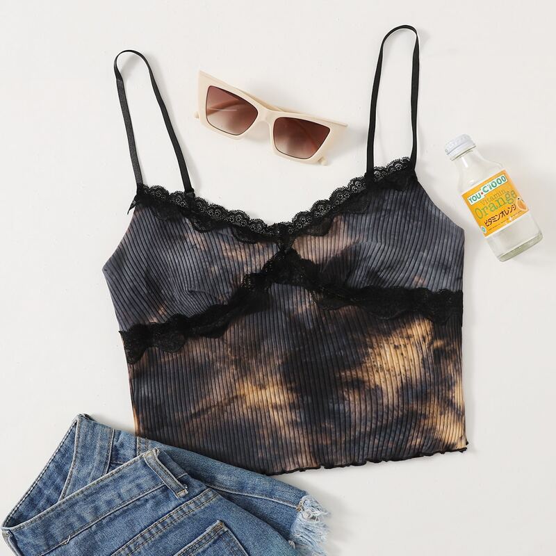 

Tie Dye Lace Trim Crop Cami Top, Multicolor