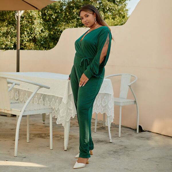 

Plus Surplice Front Split Sleeve Belted Jumpsuit, Dark green