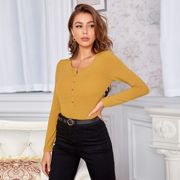 

Half Button Front Solid Tee, Mustard yellow
