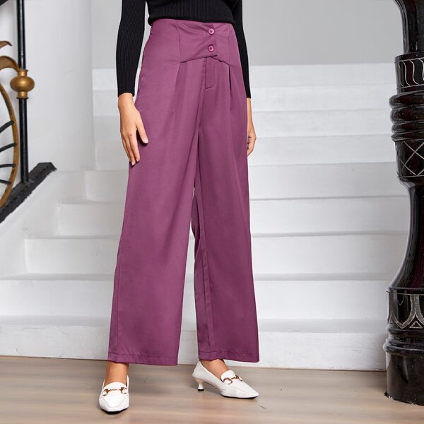 

Button Front Wide Leg Pants, Purple