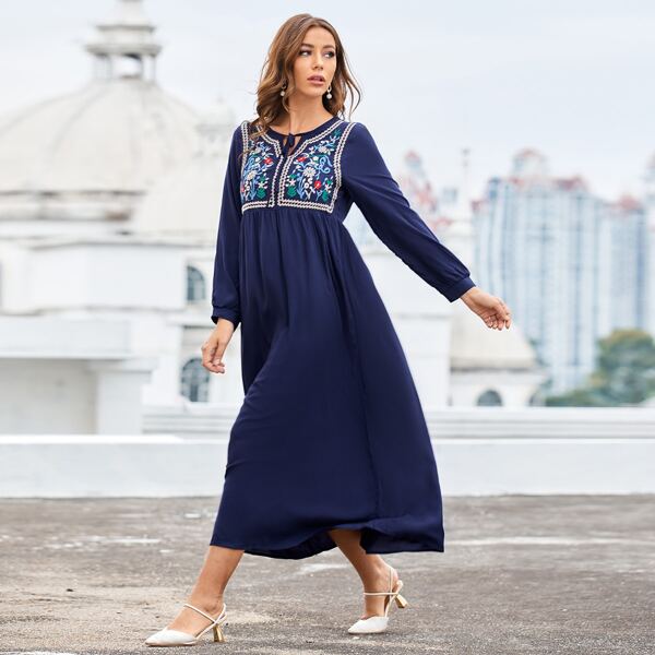 

Tie Neck Floral Embroidery Smock Dress, Navy blue