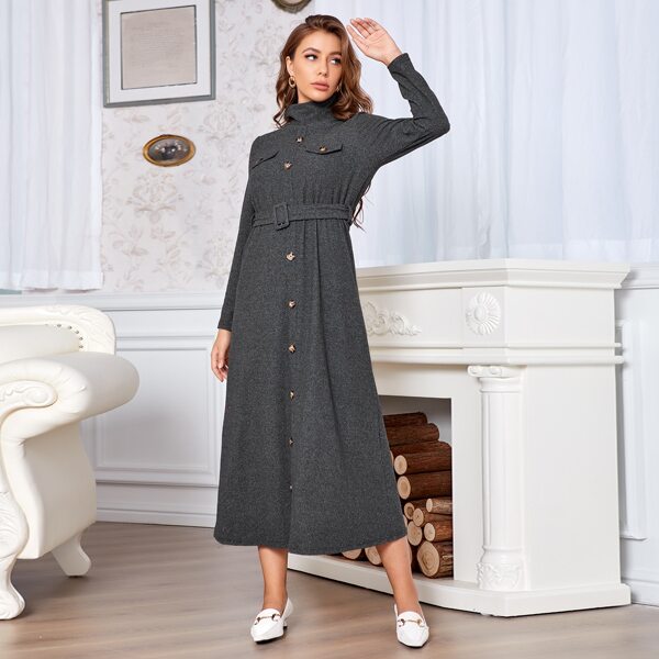 

Stand Neck Button Front Belted Dress, Dark grey
