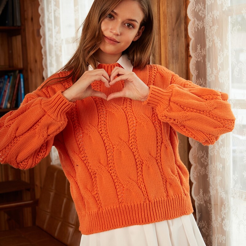 

Solid Cable Knit Sweater, Orange