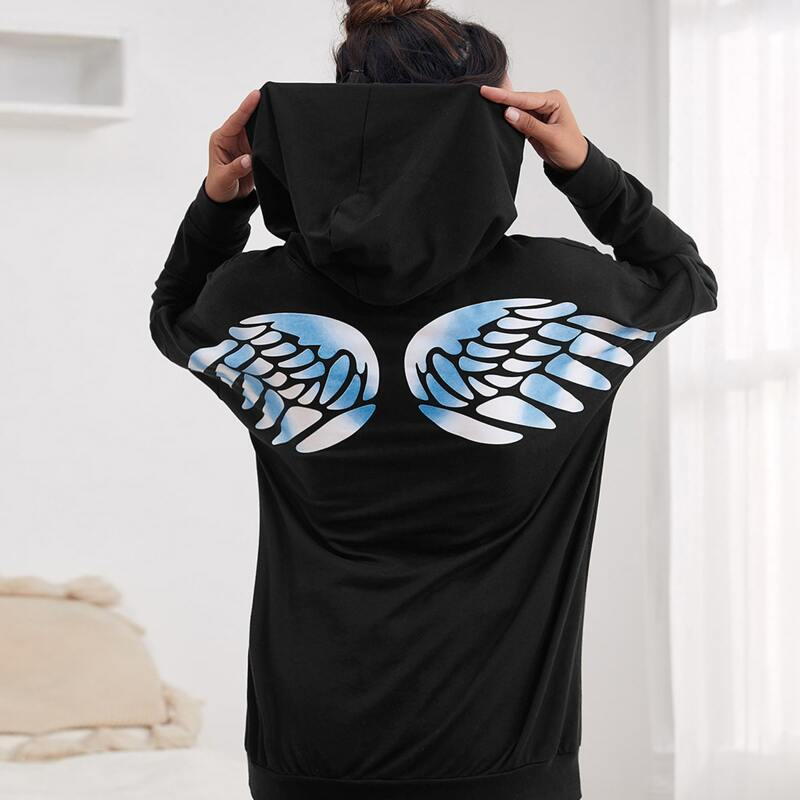 

Wings Print Kangaroo Pocket Drawstring Hoodie, Black