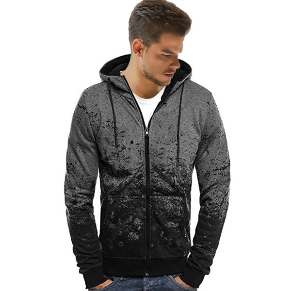 

Men Tie Dye Zip Up Drawstring Hooded Sweatshirt, Dark grey