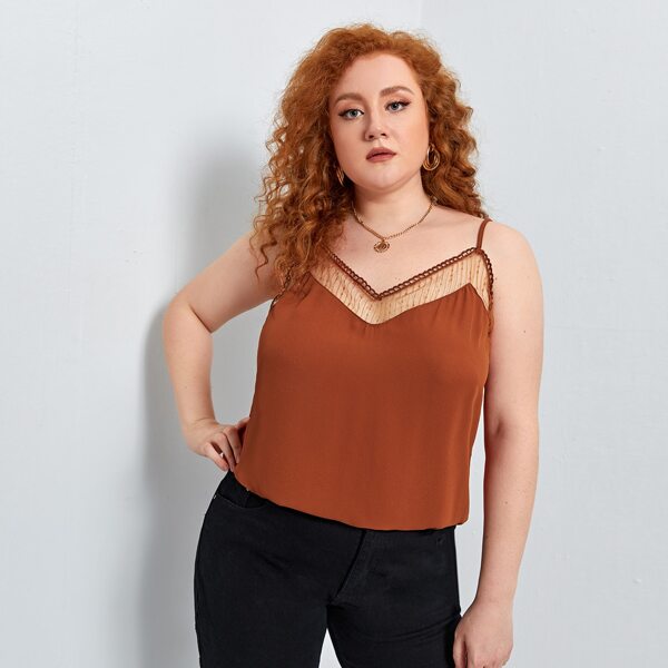 

Plus Guipure Lace and Mesh Insert Cami Top, Rust brown