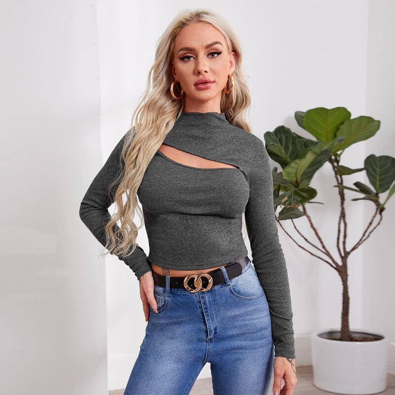 

Cut Out Detail Crop Tee, Dark grey