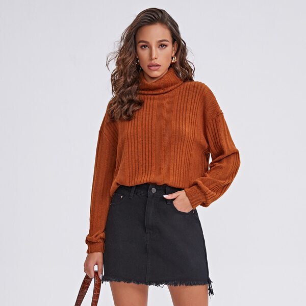 

Rolled Neck Rib-knit Tee, Burnt orange