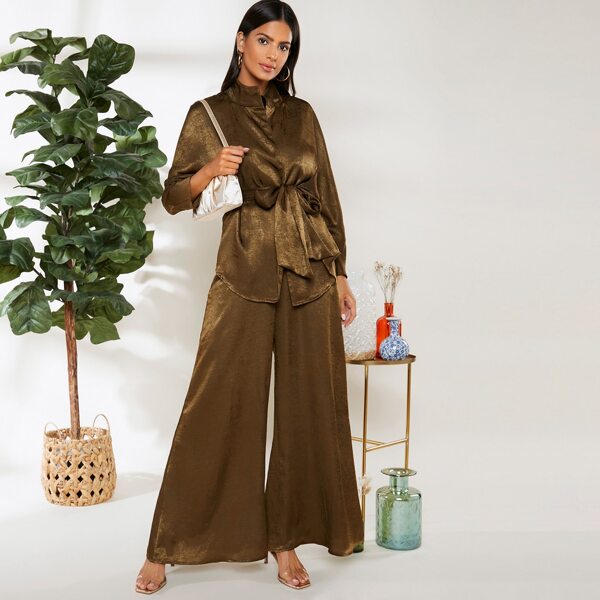 

Self Belted Silky Top and Wide Leg Pants Set, Mocha brown
