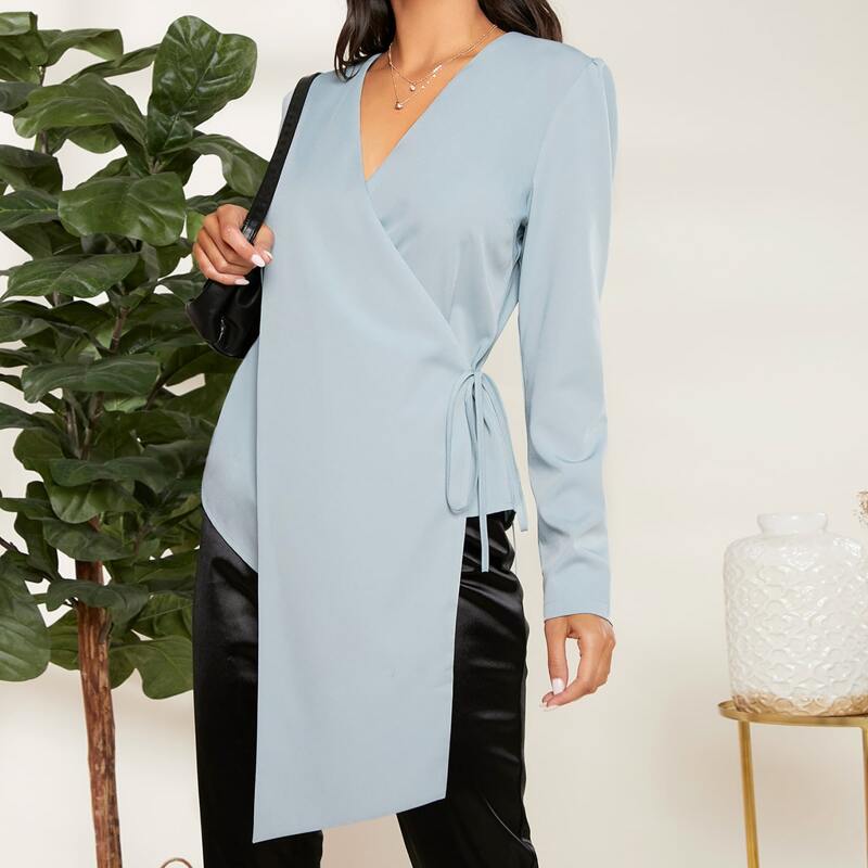 

Drape Front Tie Side Wrap Top, Pastel baby blue