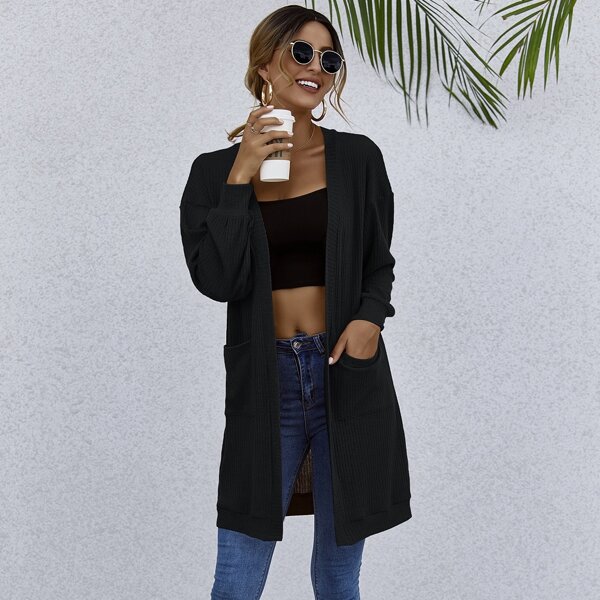 

Drop Shoulder Patch Pocket Rib-knit Coat, Black