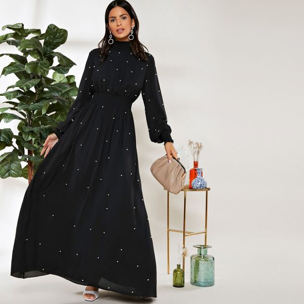 

Shirred Panel Pearl Beaded Lantern Sleeve Dress, Black