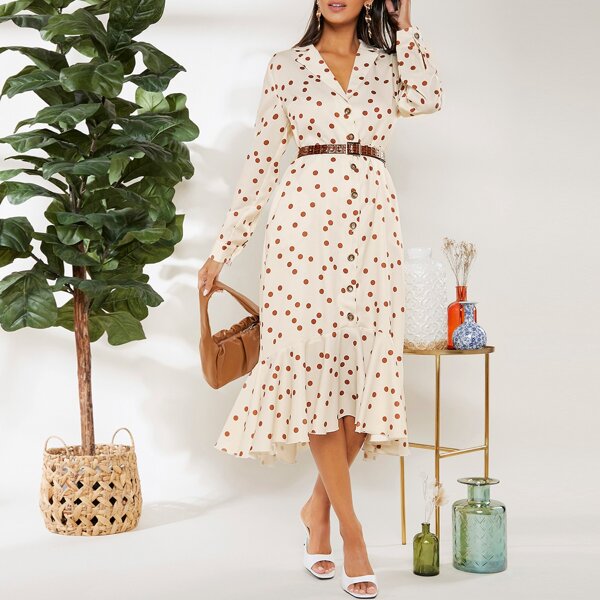 

Peak Collar Flounce Hem Shirt Dress With PU Leather Belt, Beige