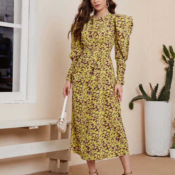 

Fold Pleated Front Exaggerate Gigot Sleeve Dress, Multicolor