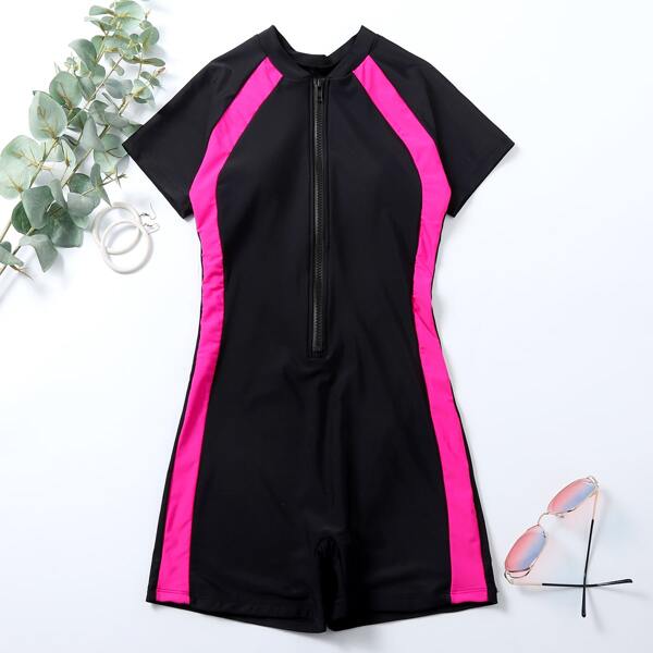 

Color Block Zip-up One Piece Swimsuit, Black