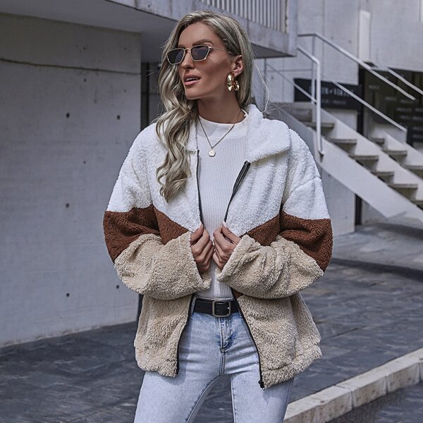 

Drop Shoulder Color Block Teddy Coat, Multicolor