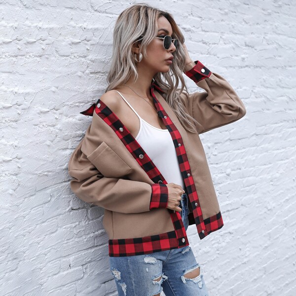 

Gingham Spliced Drop Shoulder Coat, Khaki