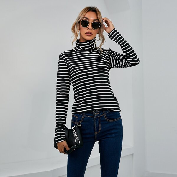

High Neck Striped Tee, Black and white