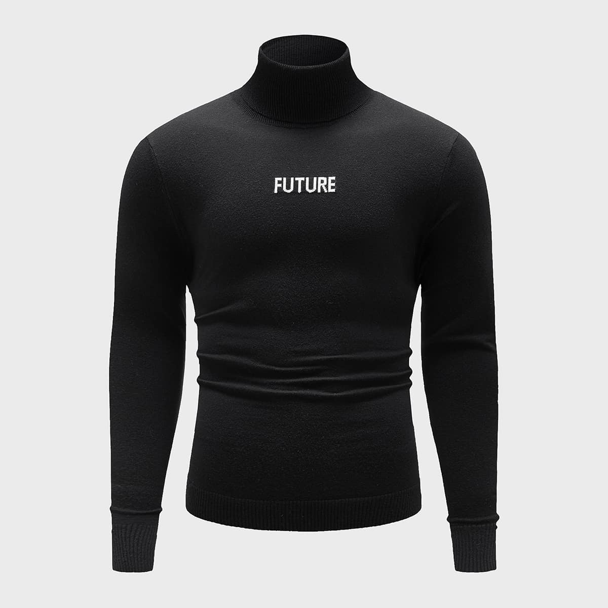 

Men High Neck Letter Pattern Sweater, Black