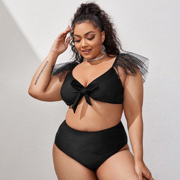 

Plus Ruffle Mesh Knot Front Bikini Swimsuit, Black