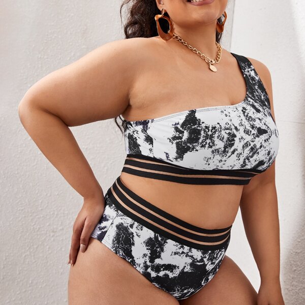 

Plus Tie Dye Mesh Trim Bikini Swimsuit, Black and white