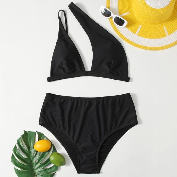 

Plus Cut-out One Shoulder Bikini Swimsuit, Black