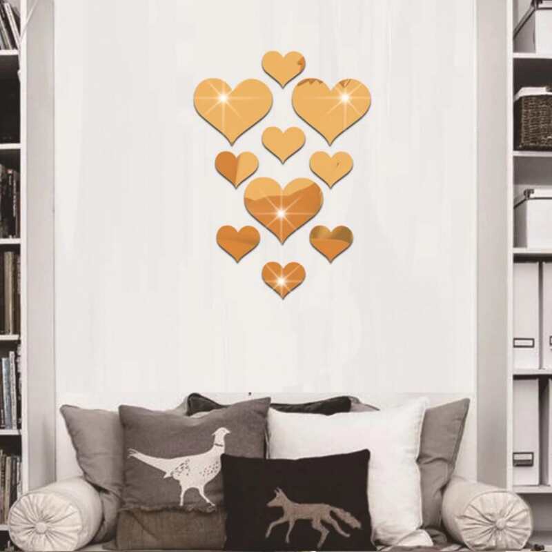 

10pcs Heart Mirror Surface Wall Sticker, Multicolor