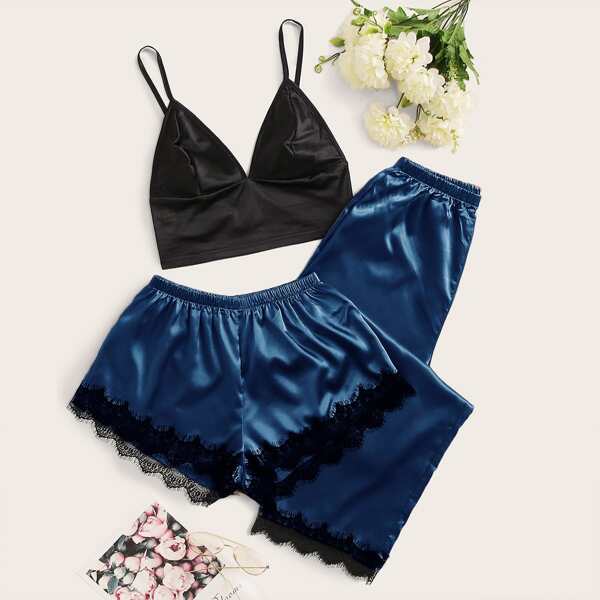 

3pcs Lace Trim Satin PJ Set, Multicolor