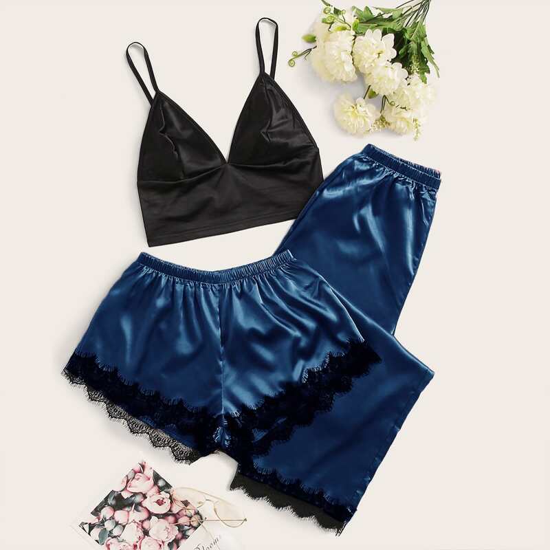 

3pcs Lace Trim Satin PJ Set, Multicolor
