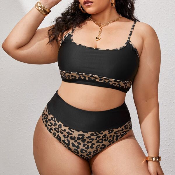 

Plus Contrast Leopard Print Bikini Swimsuit, Multicolor