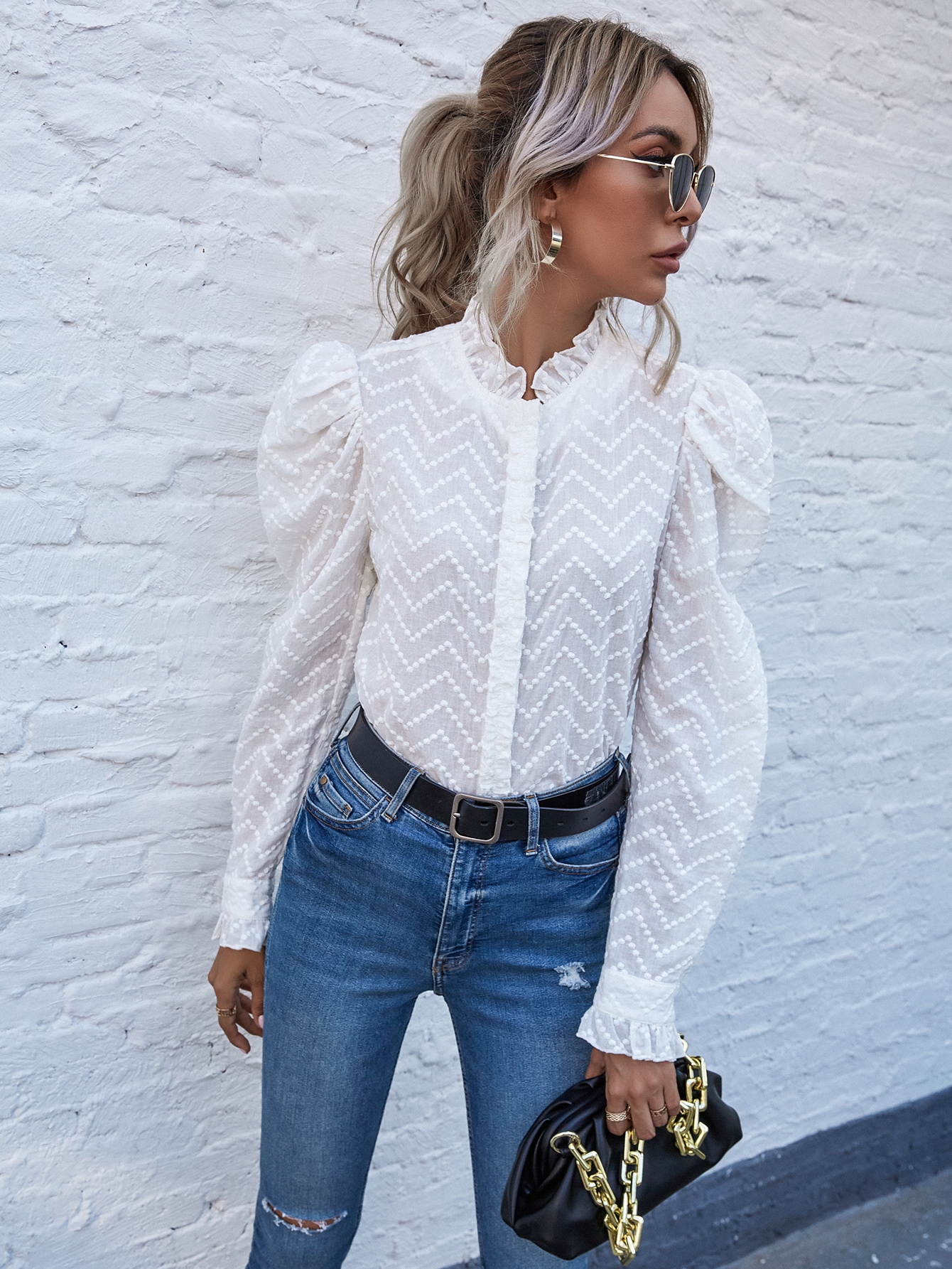 Frill Neck Chevron-Textured Blouse thumbnail