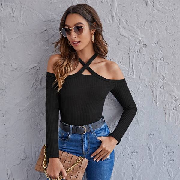 

Crisscross Cold Shoulder Waffle Knit Tee, Black
