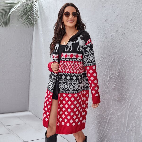 

Christmas Pattern Open Front Hooded Cardigan, Multicolor