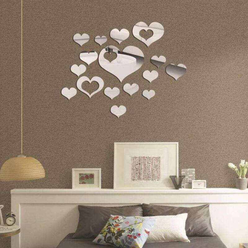 

16pcs Heart Shaped Mirror Wall Sticker, Silver