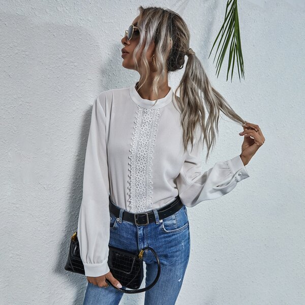 

Mock Neck Contrast Lace Blouse, White