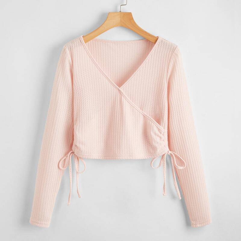 

Solid Drawstring Wrap Crop Tee, Baby pink