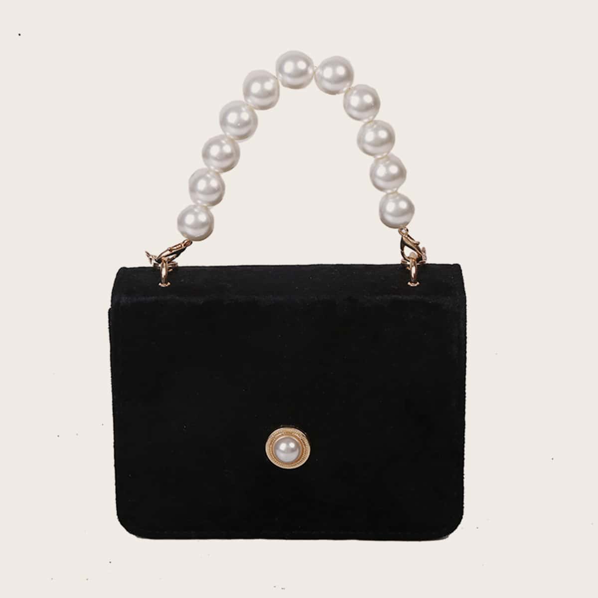 

Faux Pearl Handle Satchel Bag, Black