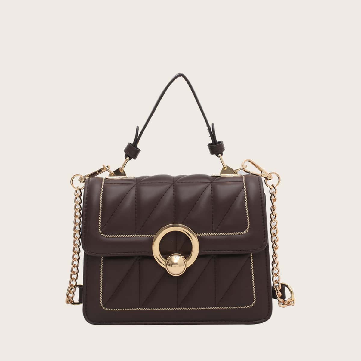 

Quilted Round Buckle Satchel Bag, Brown