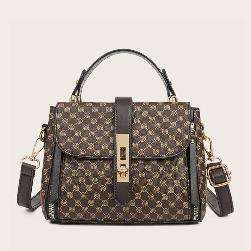 

Geometric Pattern Twist Lock Satchel Bag, Brown