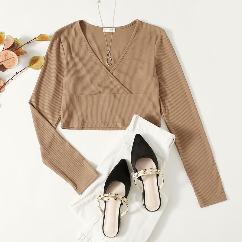 

Solid Ribbed Wrap Crop Tee, Mocha brown