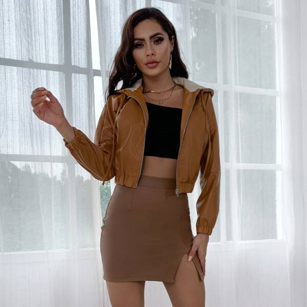 

Zip Up Drawstring Hooded Leather Look Jacket, Brown